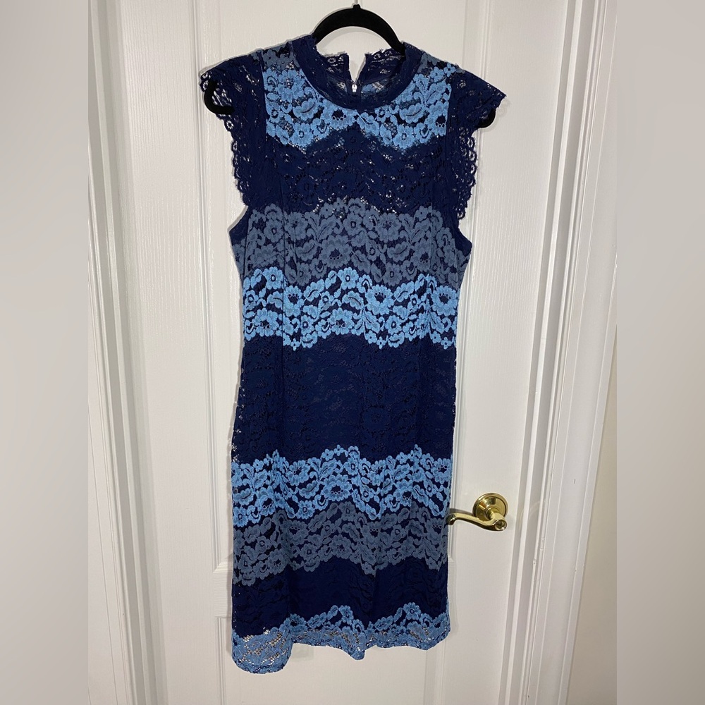 Laundry Shelli Segal Lace Cap Sleeve Sheath Dress Blue Hues Size 14